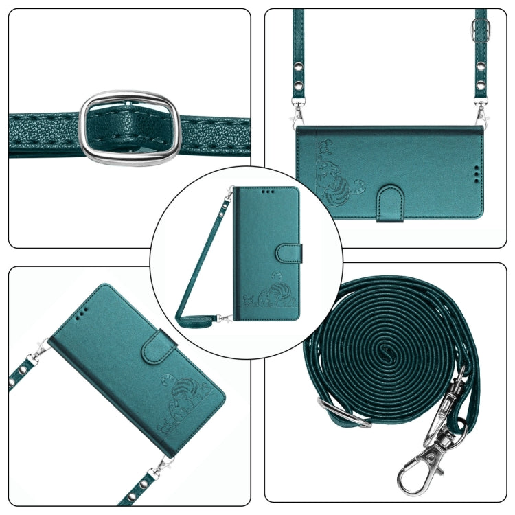 For Ulefone Note 14 Cat Rat Embossed Pattern RFID Leather Phone Case with Lanyard(Peacock Green)