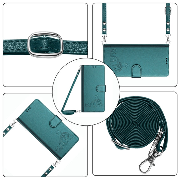 For Ulefone Note 14 Cat Rat Embossed Pattern RFID Leather Phone Case with Lanyard(Peacock Green)