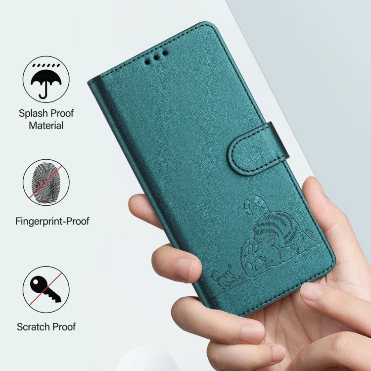 For Ulefone Note 14 Cat Rat Embossed Pattern RFID Leather Phone Case with Lanyard(Peacock Green)