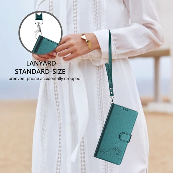For Ulefone Note 14 Cat Rat Embossed Pattern RFID Leather Phone Case with Lanyard(Peacock Green)