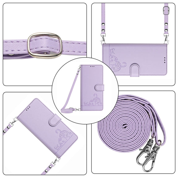 For Ulefone Note 14 Cat Rat Embossed Pattern RFID Leather Phone Case with Lanyard(Purple)