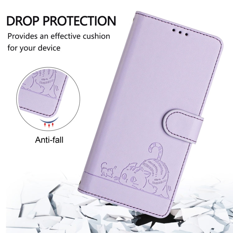 For Ulefone Note 14 Cat Rat Embossed Pattern RFID Leather Phone Case with Lanyard(Purple)