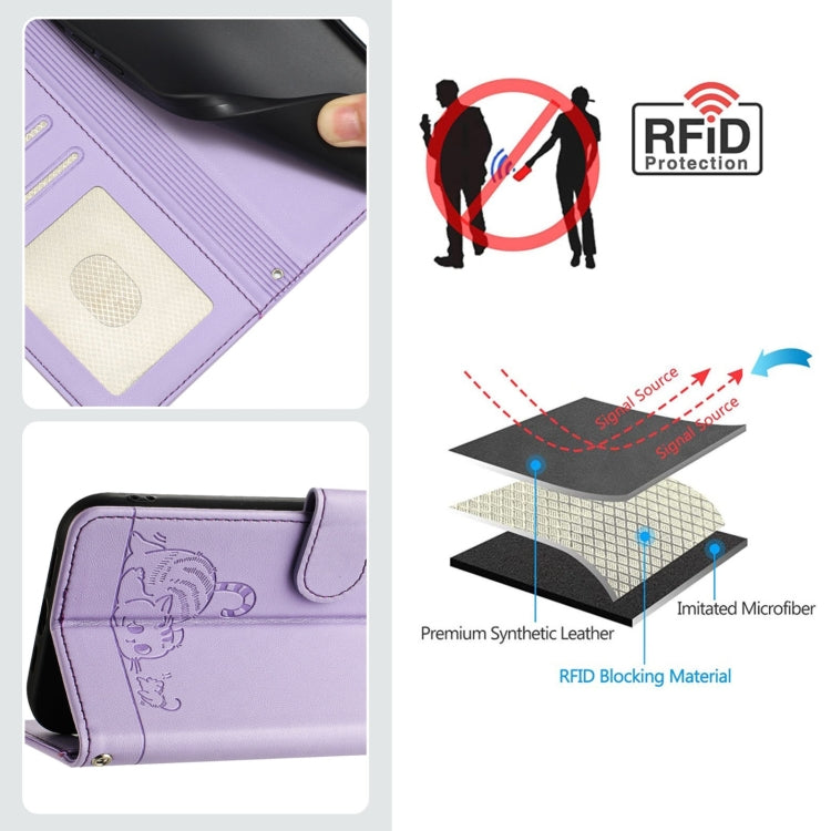 For Ulefone Note 14 Cat Rat Embossed Pattern RFID Leather Phone Case with Lanyard(Purple)