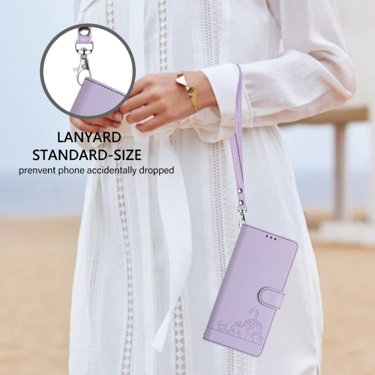 For Ulefone Note 14 Cat Rat Embossed Pattern RFID Leather Phone Case with Lanyard(Purple)