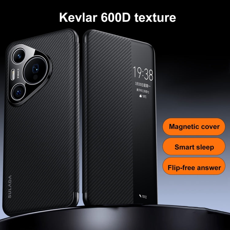 For Huawei Pura 70 Ultra SULADA Kevlar 600D Texture Smart Window Leather Phone Case(Brown)