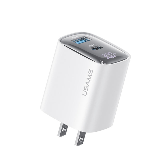 USAMS CC230 30W USB+USB-C / Type-C Dual Port GaN Digital Display Charger, Specifications: US Plug(White)