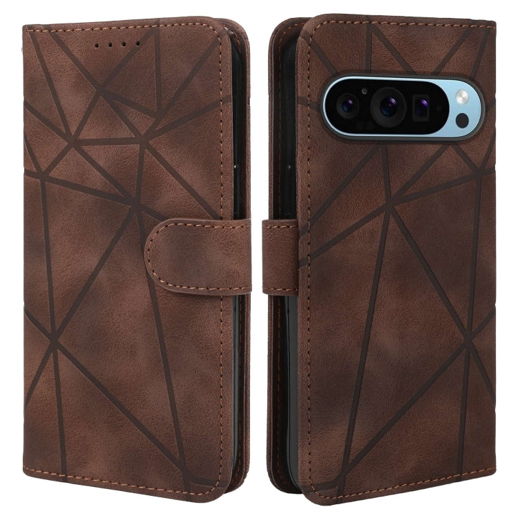 For Google Pixel 9 Pro XL Skin Feel Geometric Lines Leather Phone Case(Brown)