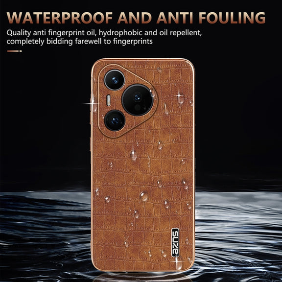 For Huawei Pura 70 AZNS Electroplated Frame Crocodile Texture Full Coverage Phone Case(Brown)