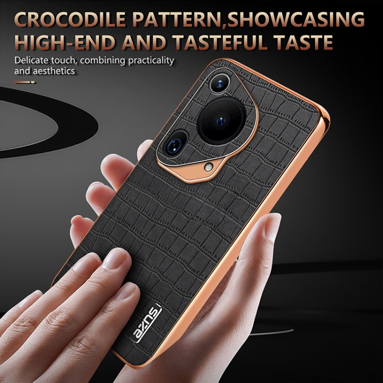 For Huawei Pura 70 Ultra AZNS Electroplated Frame Crocodile Texture Full Coverage Phone Case(Brown)