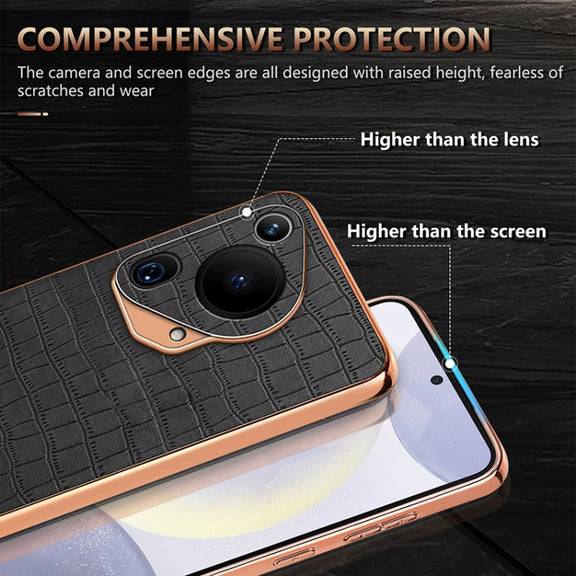 For Huawei Pura 70 Ultra AZNS Electroplated Frame Crocodile Texture Full Coverage Phone Case(Blue)