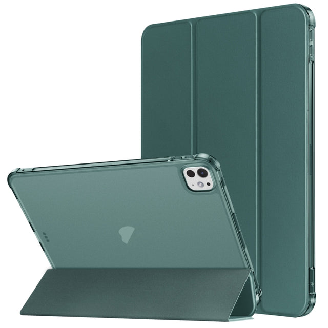 For iPad Pro 11 2024 Tri-fold Holder TPU Cover Frosted Leather Smart Tablet Case withh Pen Slot(Dark Green)