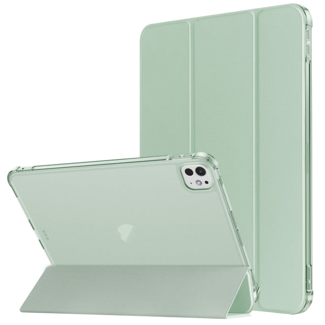 For iPad Pro 11 2024 Tri-fold Holder TPU Cover Frosted Leather Smart Tablet Case withh Pen Slot(Matcha Green)