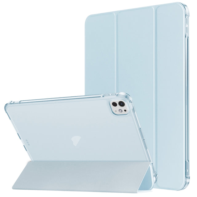 For iPad Pro 11 2024 Tri-fold Holder TPU Cover Frosted Leather Smart Tablet Case withh Pen Slot(Sky Blue)