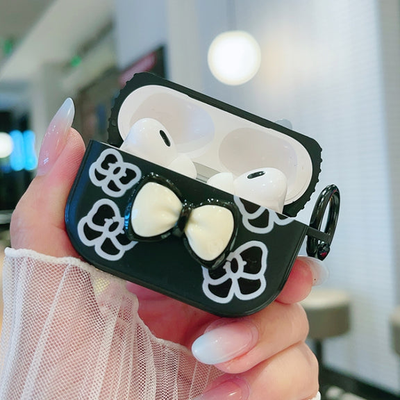 For AirPods 2 / 1 3D Colorful Pattern Bluetooth Earphone Protective Case(Black Bow)
