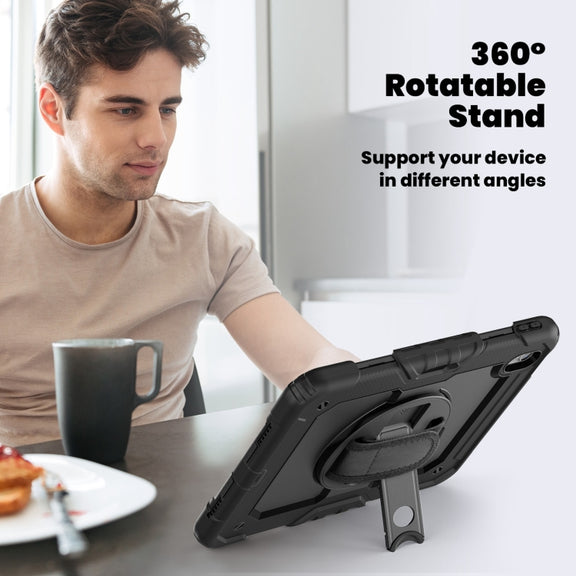 For iPad Air 11 2025 / 2024 Turntable Holder Silicone Hybrid PC Tablet Case with Shoulder Strap(Black)