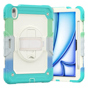 For iPad Air 11 2025 / 2024 Turntable Holder Silicone Hybrid PC Tablet Case with Shoulder Strap(Camouflage Light Blue)