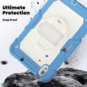 For iPad Air 11 2025 / 2024 Turntable Holder Silicone Hybrid PC Tablet Case with Shoulder Strap(Beige + Cyan-blue)