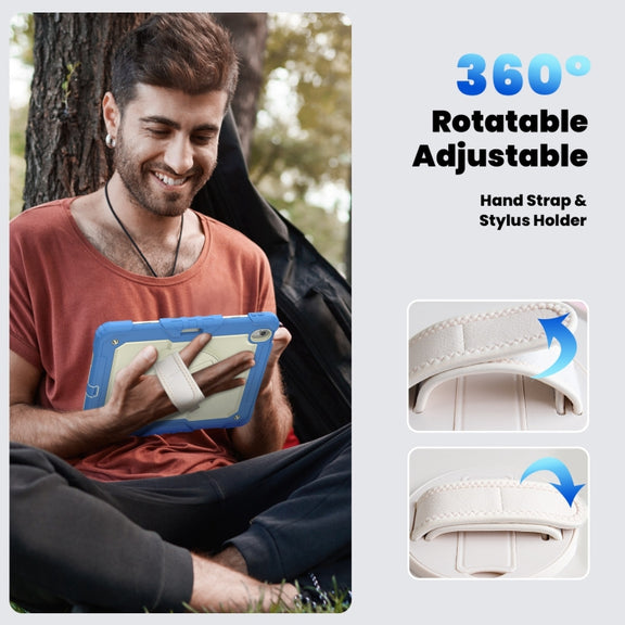 For iPad Air 13 2025 / 2024 Turntable Holder Silicone Hybrid PC Tablet Case with Shoulder Strap(Beige + Cyan-blue)
