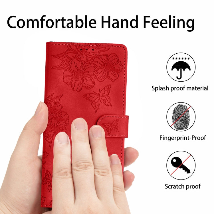 For iPhone 16 Plus Cherry Blossom Butterfly Skin Feel Embossed PU Phone Case(Red)