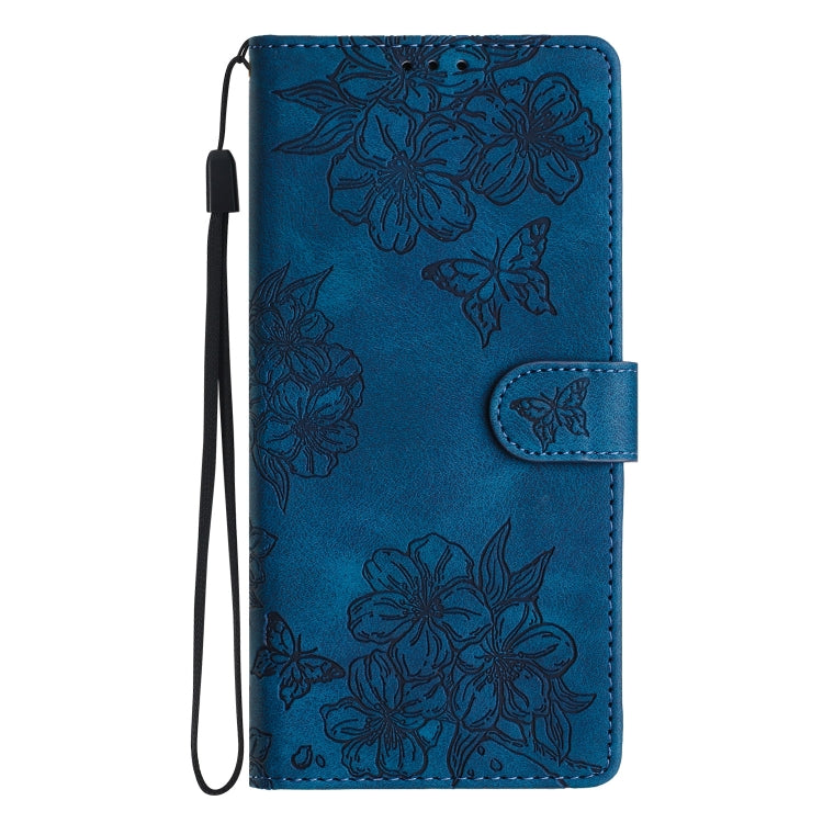For iPhone 16 Pro Cherry Blossom Butterfly Skin Feel Embossed PU Phone Case(Blue)