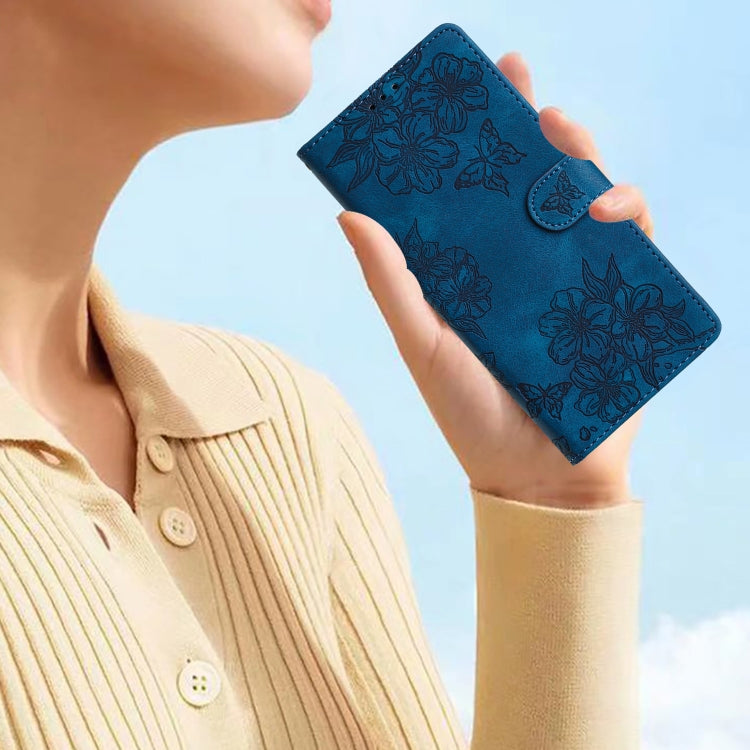For iPhone 16 Pro Cherry Blossom Butterfly Skin Feel Embossed PU Phone Case(Blue)