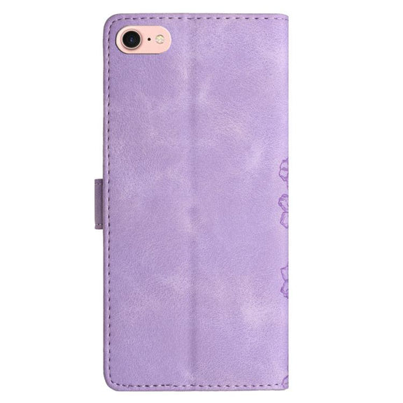 For iPhone 16e Cherry Blossom Butterfly Skin Feel Embossed PU Phone Case(Purple)