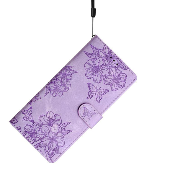 For iPhone 16e Cherry Blossom Butterfly Skin Feel Embossed PU Phone Case(Purple)