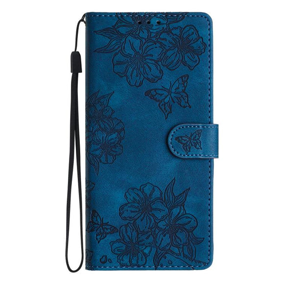 For iPhone 16e Cherry Blossom Butterfly Skin Feel Embossed PU Phone Case(Blue)