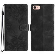 For iPhone 16e Cherry Blossom Butterfly Skin Feel Embossed PU Phone Case(Black)
