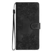 For iPhone 16e Cherry Blossom Butterfly Skin Feel Embossed PU Phone Case(Black)