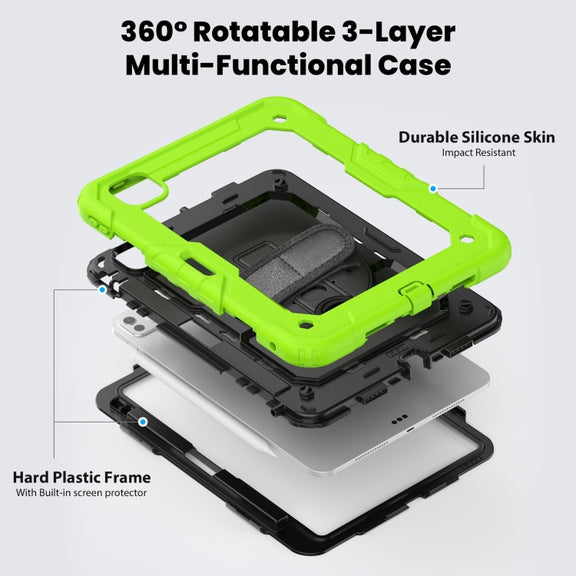 For iPad Pro 11 2024 Silicone Hybrid PC Tablet Case with Shoulder Strap(Black + Yellow Green)