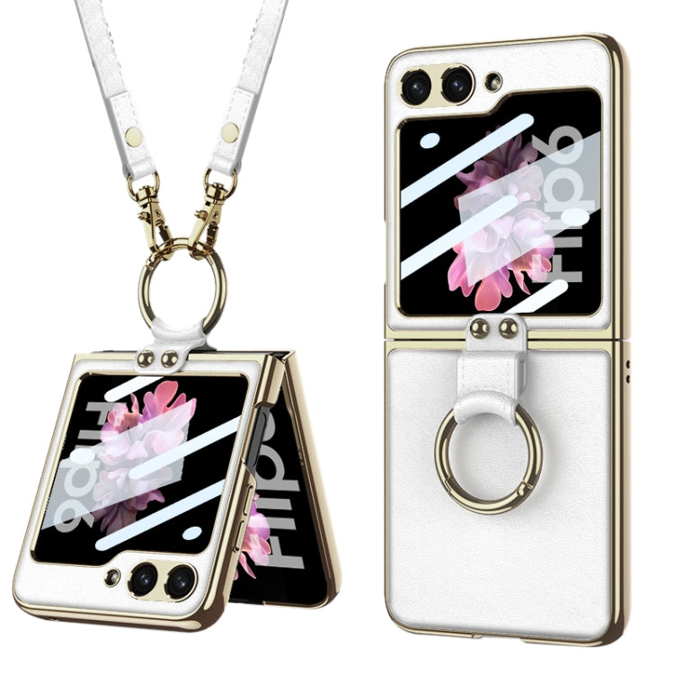 For Samsung Galaxy Z Flip6 GKK Integrated Electroplating Leather Phone Case with Ring/Strap(White)