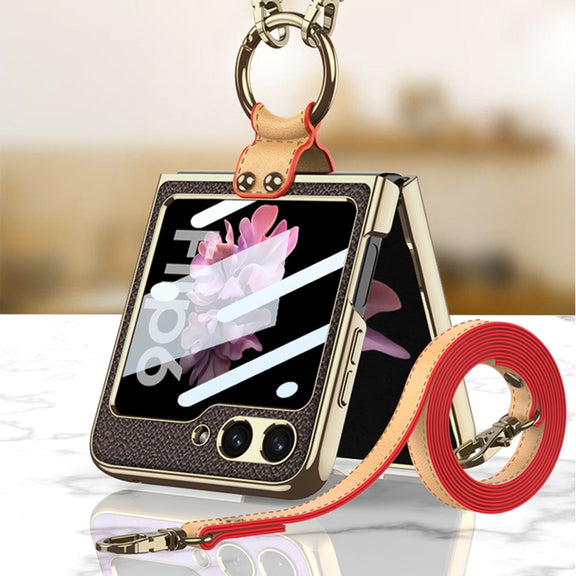 For Samsung Galaxy Z Flip6 GKK Integrated Electroplating Leather Phone Case with Ring/Strap(Black)