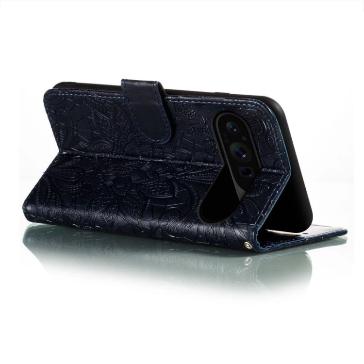 For Google Pixel 9 Pro Lace Flower Embossing Flip Leather Phone Case(Dark Blue)
