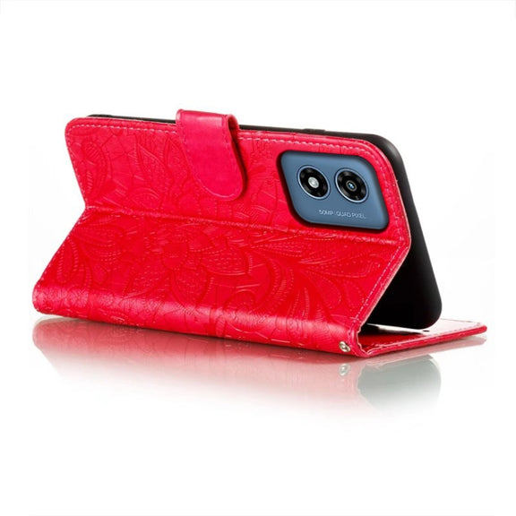For Motorola Moto G Play 2024 Lace Flower Embossing Flip Leather Phone Case(Red)