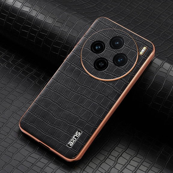 For vivo X100 5G AZNS Electroplated Frame Crocodile Texture Full Coverage Phone Case(Black)