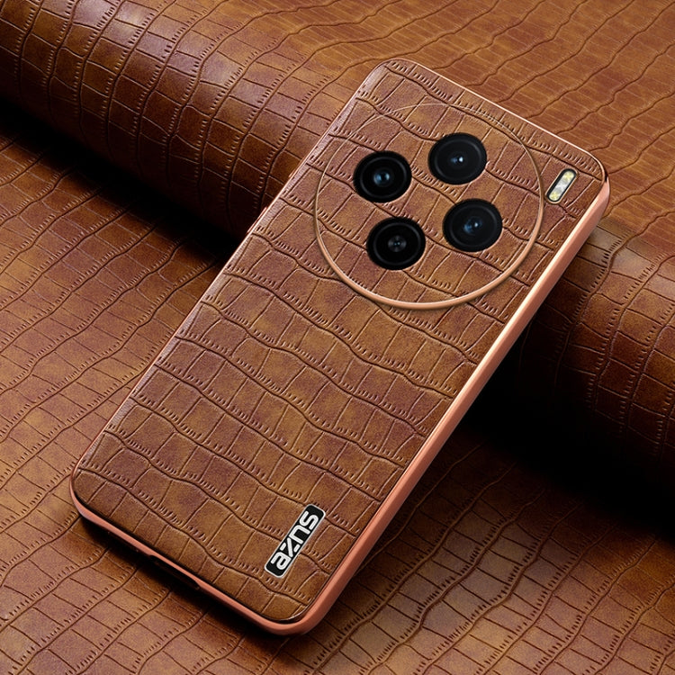 For vivo X100 5G AZNS Electroplated Frame Crocodile Texture Full Coverage Phone Case(Brown)