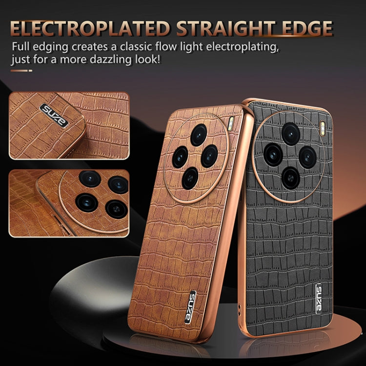For vivo X100 5G AZNS Electroplated Frame Crocodile Texture Full Coverage Phone Case(Brown)