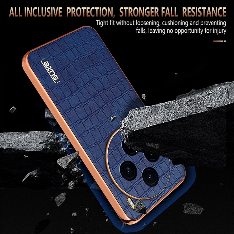 For vivo X100 5G AZNS Electroplated Frame Crocodile Texture Full Coverage Phone Case(Brown)