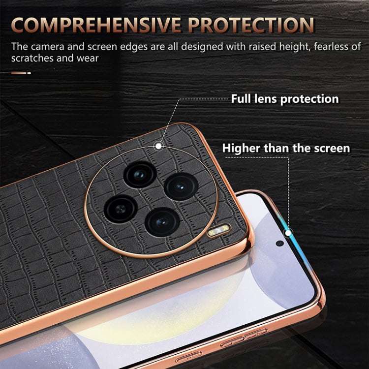 For vivo X100 5G AZNS Electroplated Frame Crocodile Texture Full Coverage Phone Case(Brown)