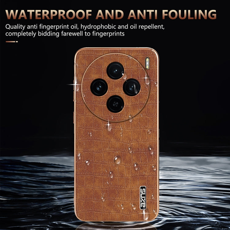 For vivo X100 5G AZNS Electroplated Frame Crocodile Texture Full Coverage Phone Case(Brown)