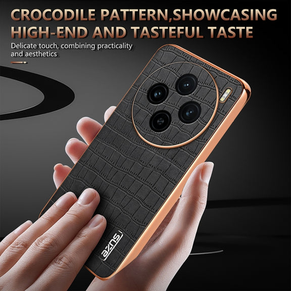 For vivo X100 5G AZNS Electroplated Frame Crocodile Texture Full Coverage Phone Case(Brown)