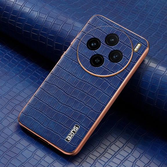 For vivo X100 5G AZNS Electroplated Frame Crocodile Texture Full Coverage Phone Case(Blue)