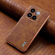 For Xiaomi 14 AZNS Electroplated Frame Crocodile Texture Full Coverage Phone Case(Brown)