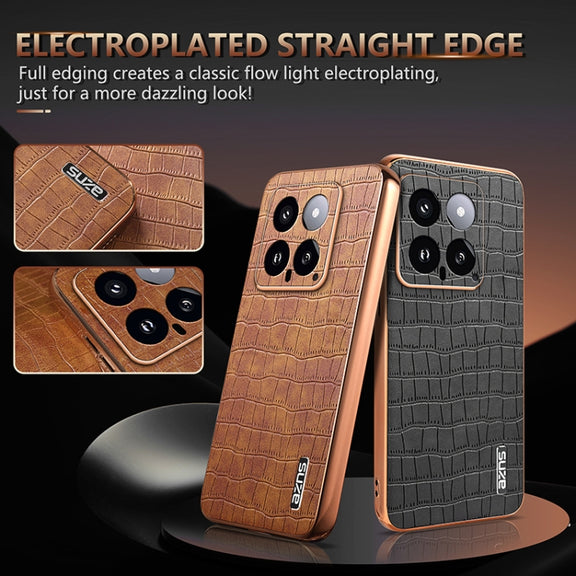 For Xiaomi 14 AZNS Electroplated Frame Crocodile Texture Full Coverage Phone Case(Brown)