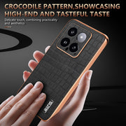 For Xiaomi 14 AZNS Electroplated Frame Crocodile Texture Full Coverage Phone Case(Brown)