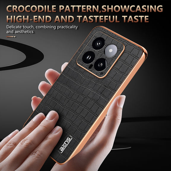 For Xiaomi 14 AZNS Electroplated Frame Crocodile Texture Full Coverage Phone Case(Brown)