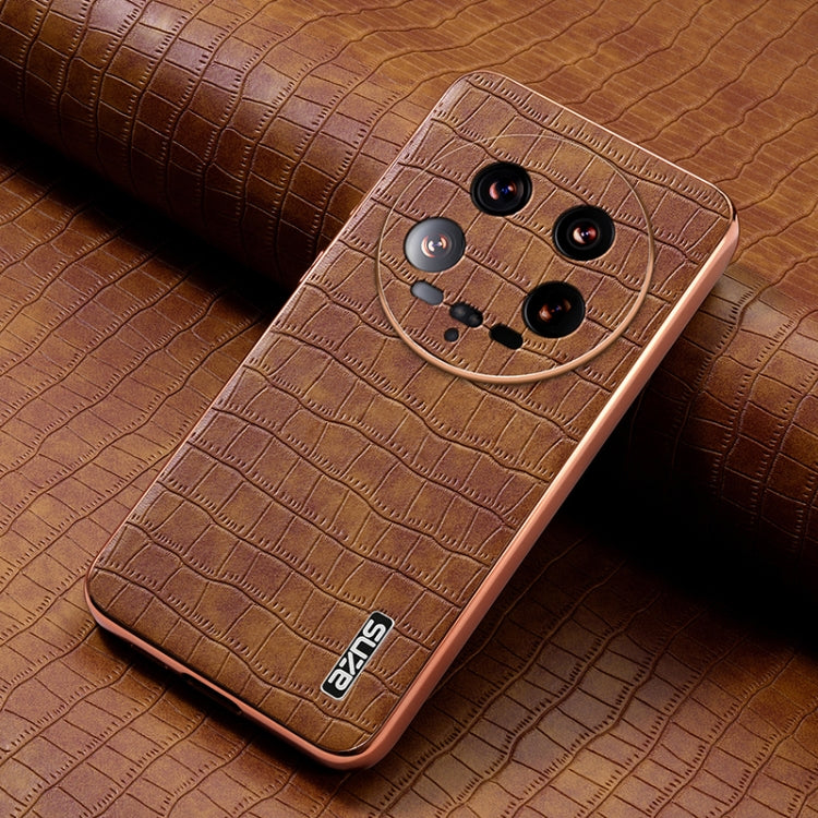 For Xiaomi 14 Ultra AZNS Electroplated Frame Crocodile Texture Full Coverage Phone Case(Brown)