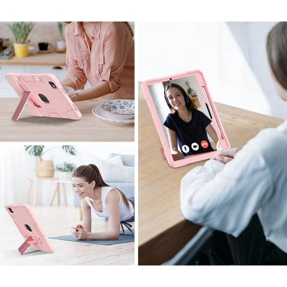 For iPad Pro 11 2024 Contrast Color Silicone Acrylic PC Tablet Case with Holder(Rose Gold)