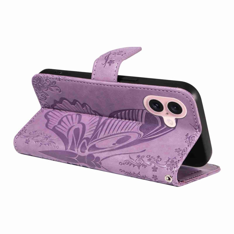 For iPhone 16 Swallowtail Butterfly Embossed Leather Phone Case(Purple)